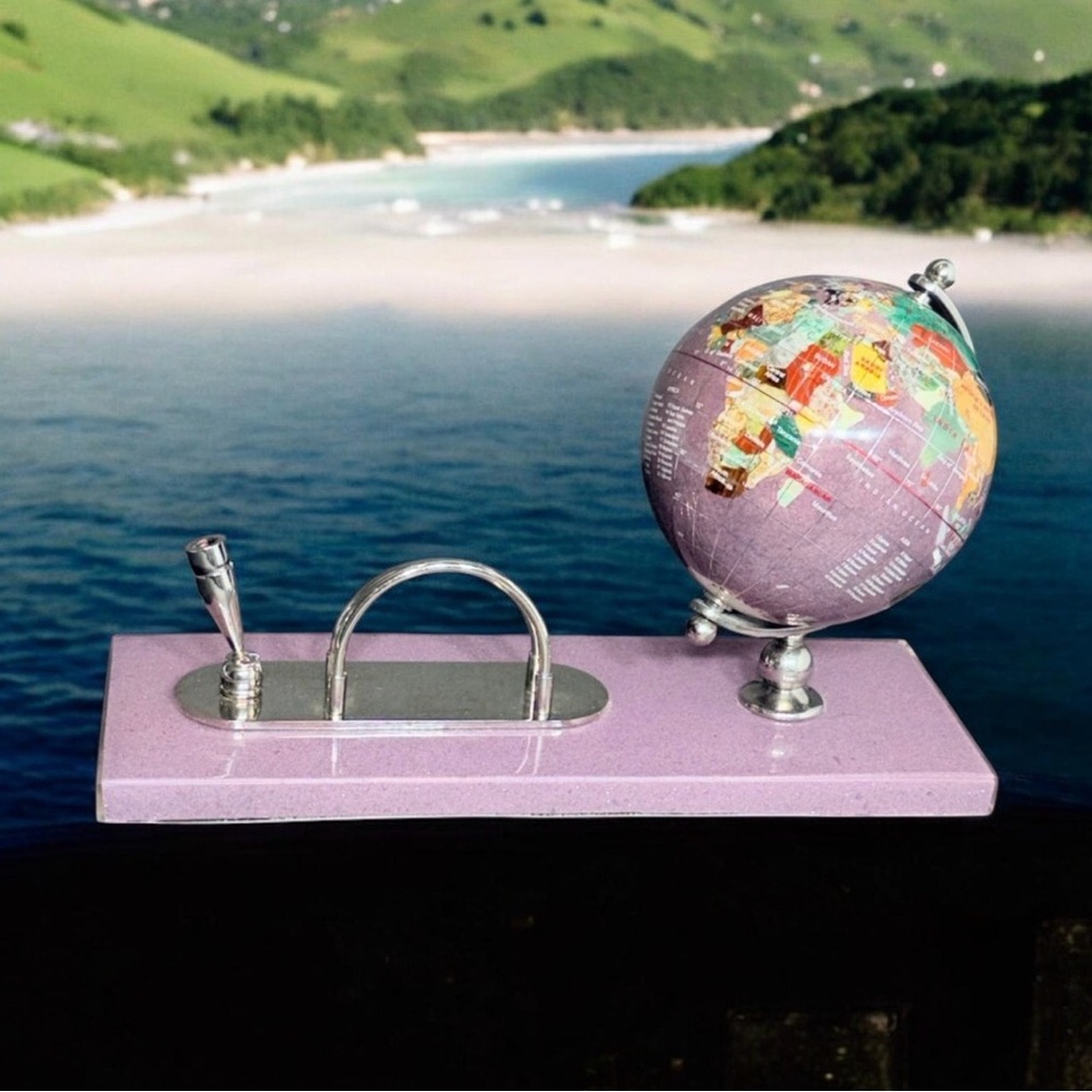 Gemstone Globe Desk Organizer Purple Stone Base Pen & Letter Holder Silver Tone